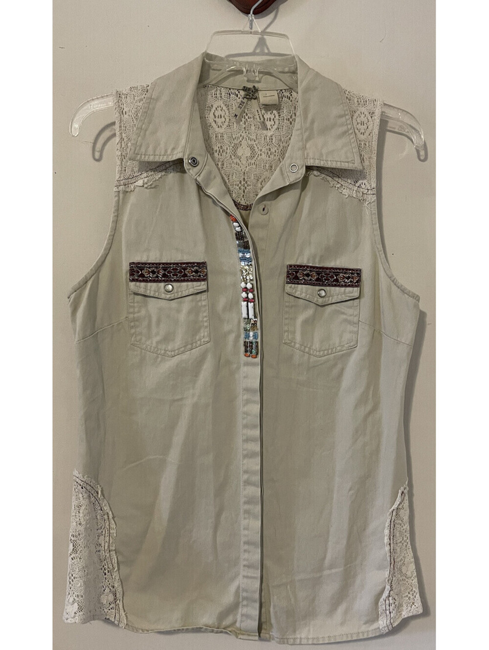 BKE Womens Medium Beige Tunic-Style Button-Up Sleeveless Cotton Blouse! A5236
